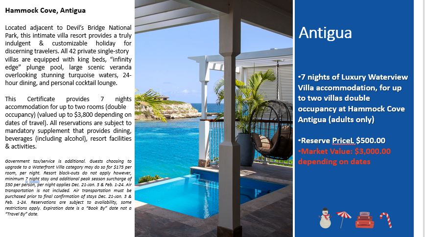 7 nights of luxury waterview villa accommodation, for up to two villas double occupancy at Hammock Cove, Antigua (adults only.)
